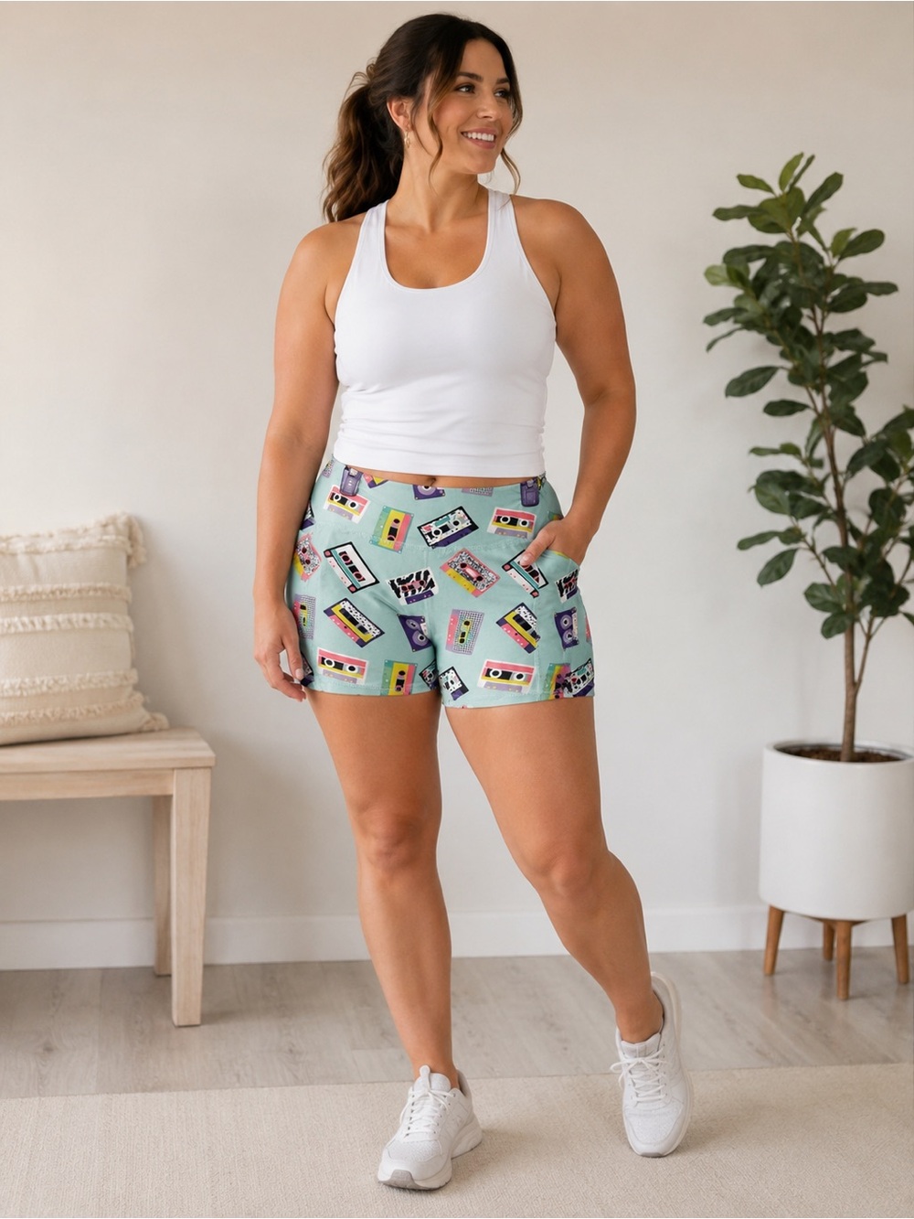 Wodbottom Retro Cassette Print Athletic Shorts in Mint Green